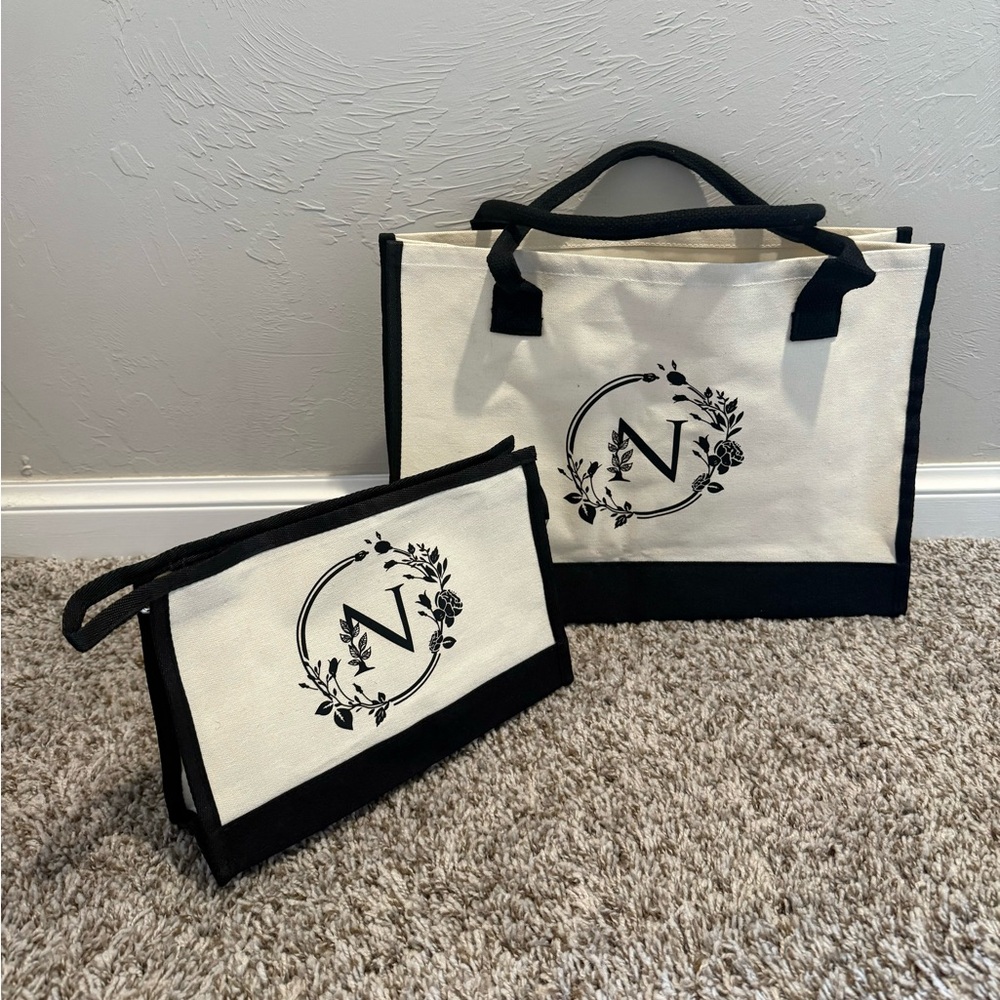 New 2 pc Women Tote Bag Set Customized Initial Letter N